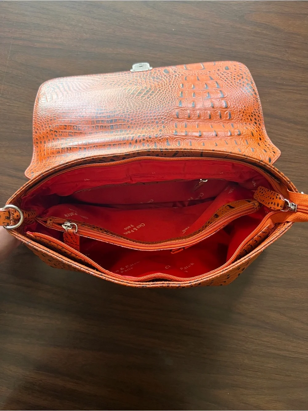 Orange Croc-Embossed Satchel with Detachable Strap